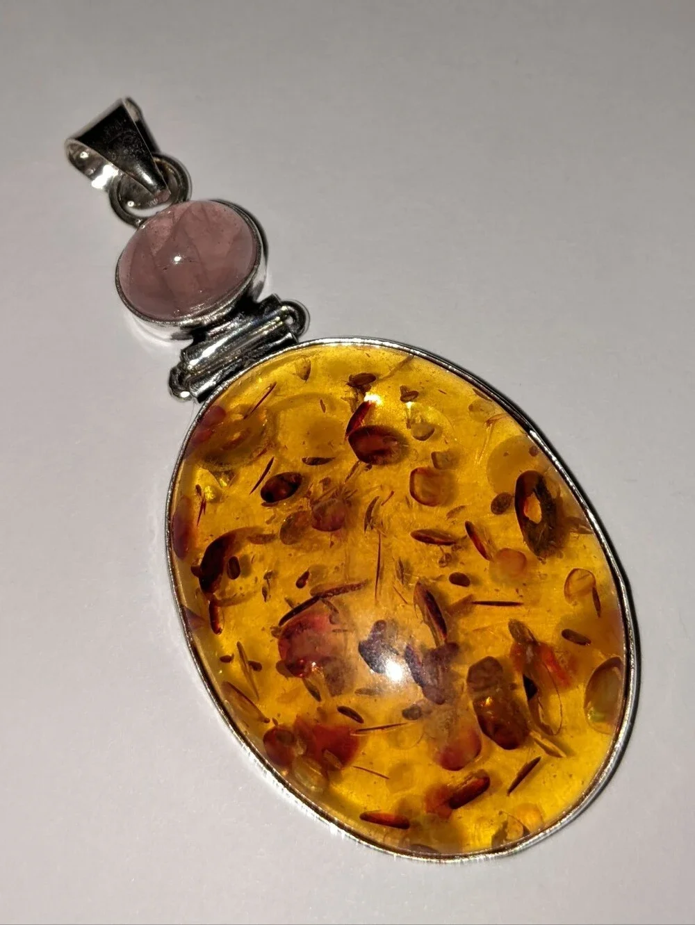 Baltic Amber, Rose Quartz Gemstone 925 Sterling Silver Pendant Necklace